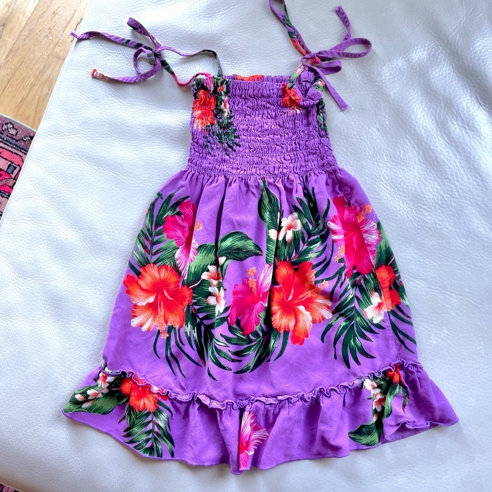 Handmade Tropical Sleeveless Sundress, Ruffle Skirt, Smocked Bodice, Tie Straps